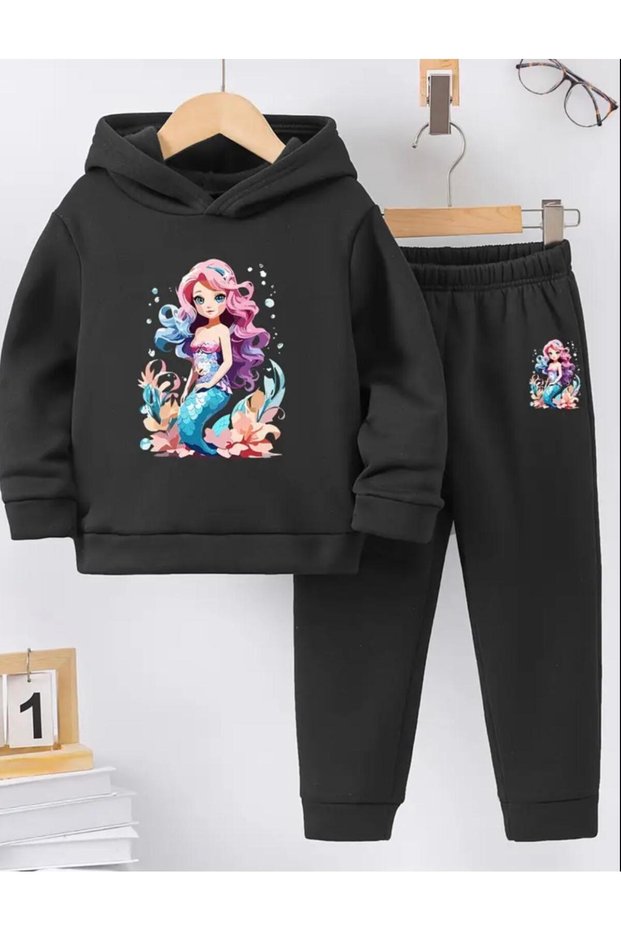 Hooded Beauties Beautiful Mermaid Printed 3 Yarn 100% Cotton Girls' Pocketless Winter Tracksuit Set