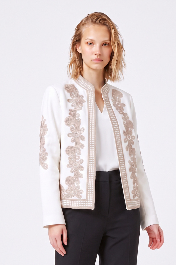Women's Ecru Cord Embroidered Judge Collar Open Front Ethnic Patterned Jacket
