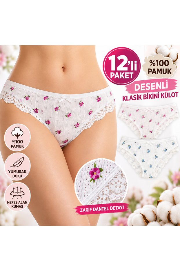 Özten Women's 100% Cotton Floral Patterned Lace Detailed Classic Bikini Panties 12-Pack – Soft Textured Women's Underwear