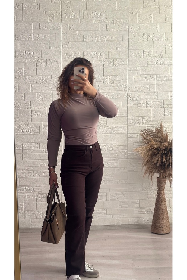 Half Turtleneck Stretchy Fabric Long Sleeve Body Hugging Stylish Design Mink Blouse