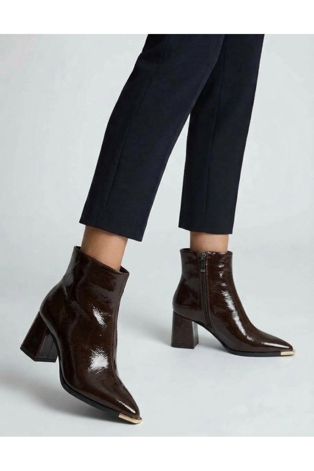 Women's Leather Boots with Gold Buckle Detail, Pointed Toe, Zipper Front, and Sewing Detail