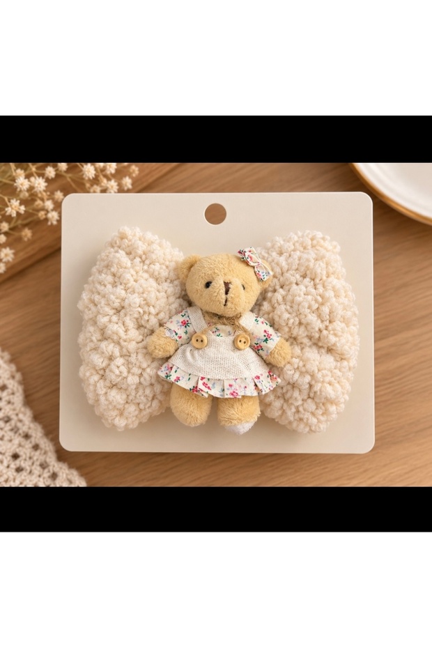 Plush Teddy Bear Bouquet Bow Hair Clip – Cream