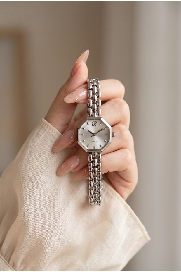Women's Steel Watch Silver Color Octagon Case Vintage | Elegant and Stylish Luxury Old Money Classic Women's Wristwatch | Limited Edition 2027
