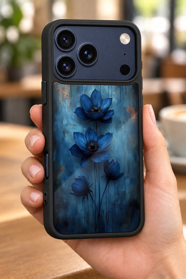 حافظة مقاومة للصدمات متوافقة مع هاتف iPhone 18 Pro مع حماية للكاميرا بنمط زهرة زرقاء