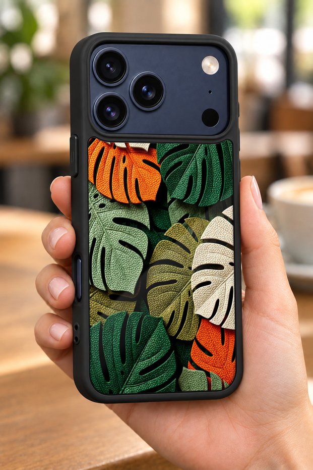حافظة مقاومة للصدمات متوافقة مع هاتف iPhone 18 Pro Max مع حماية للكاميرا بنمط Monstera