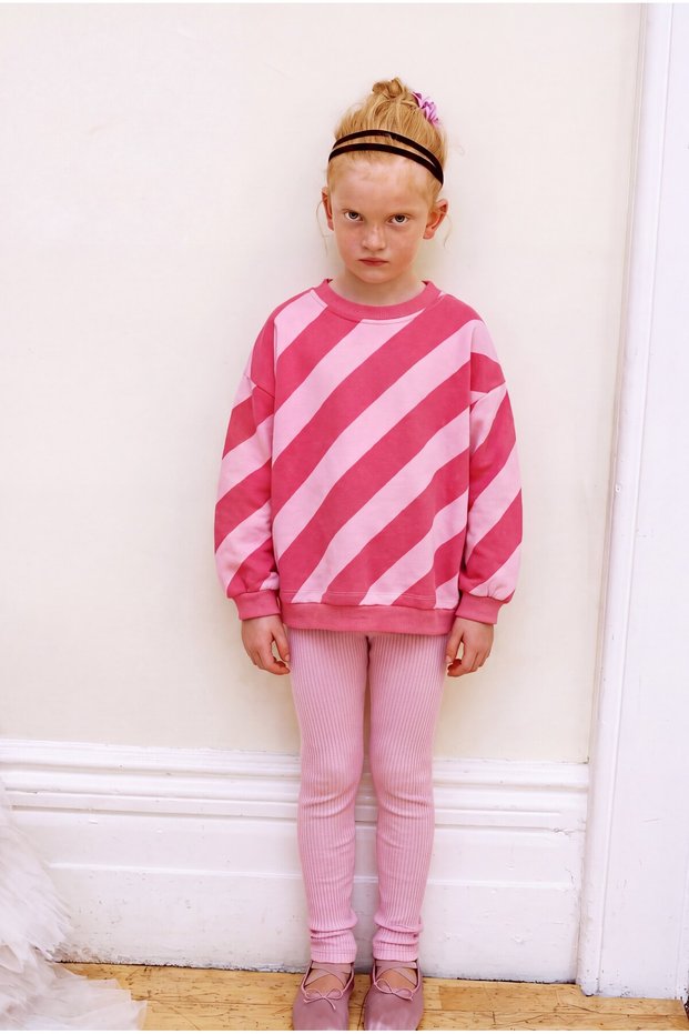 Girls' Cotton Strawberry Embroidered Pink Striped Sweatshirt and Leggings Set