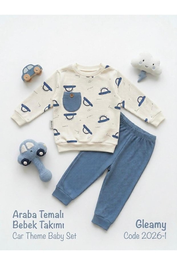 Baby Boy Car Patterned Ribbed 2-Piece Set Cotton Top and Bottom