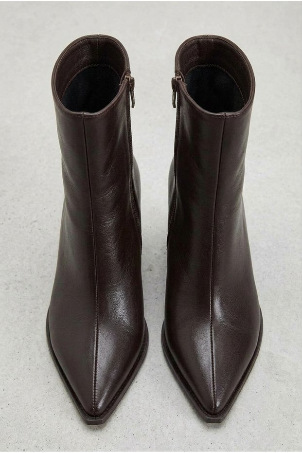 Women's Black Leather Pointed Toe Thick Heel Side Zipper Front Stitched Cut-Off Heeled Comfortable Boots