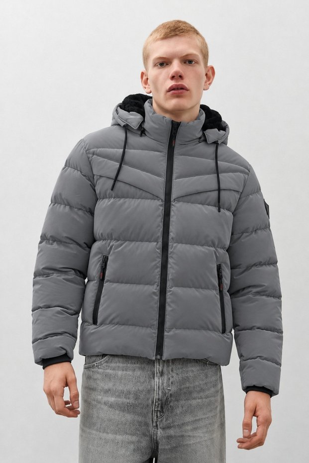 Men's Casual Hooded Thick Puffer Gray Coat