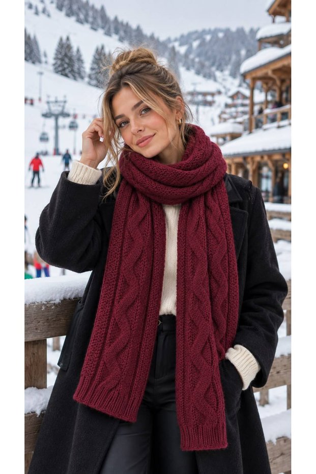 Burgundy Hand Knitted Knitwear Women's Scarf