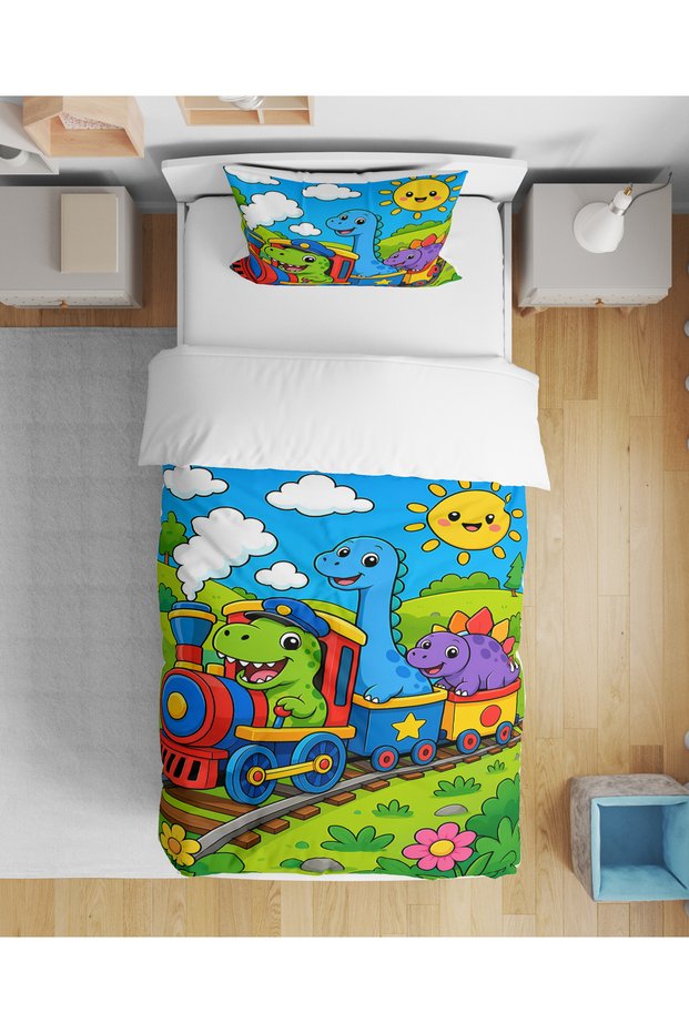 Dinosaur Dino Train Patterned Colorful 3D Digital Printed Single Bed Without Sheets Boy's Duvet Cover Set Sleeping Set