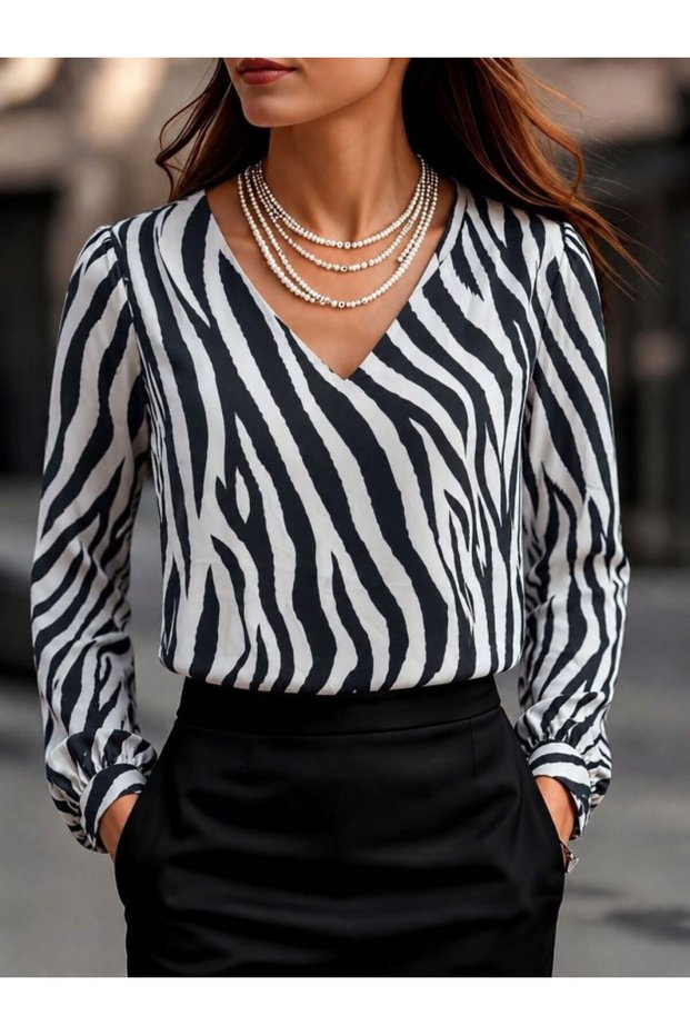 Women's long sleeve v-neck patterned dubai blouse