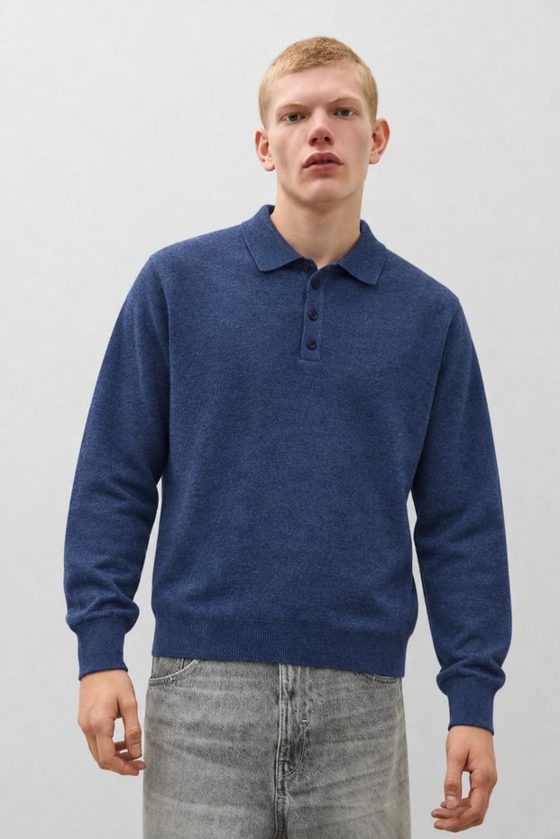 Men's Polo Collar Buttoned Long Sleeve Blue Sweater