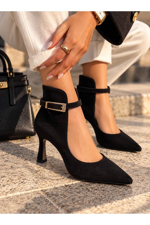 Women's Black Suede Pointed Toe Thin Heels with Buckle Detail, Stylish Stilettos