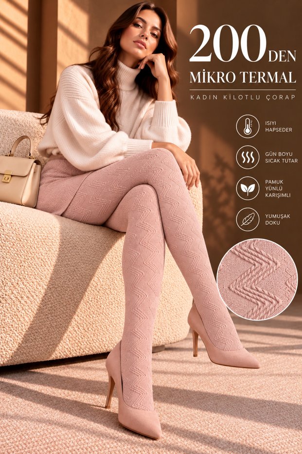 Women's 200 Den Micro Thermal Pantyhose with Zigzag Pattern, Cotton Wool, Textured, Winter Thick, Warm
