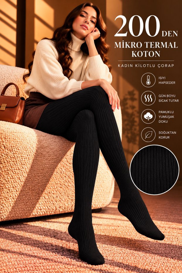 Women's 200 Den Micro Thermal Pantyhose Thin Tight Ribbed Patterned Cotton Textured Winter Thick Warm Socks