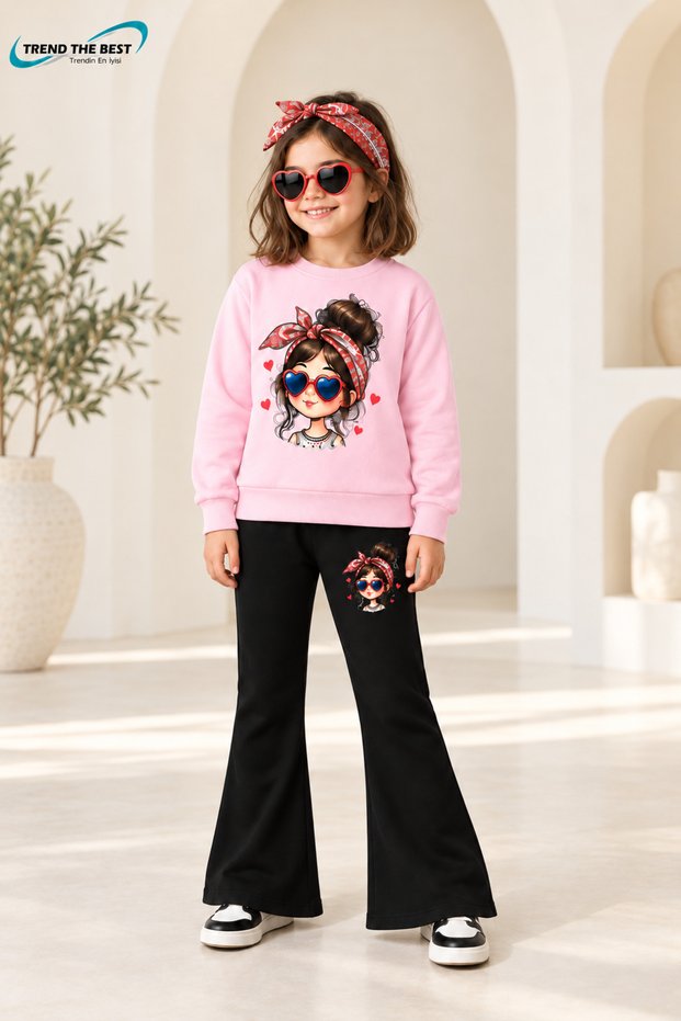 Winter, Spring, and Autumn Girls' Black Spanish Flared Bottoms and Pink Sweat Top