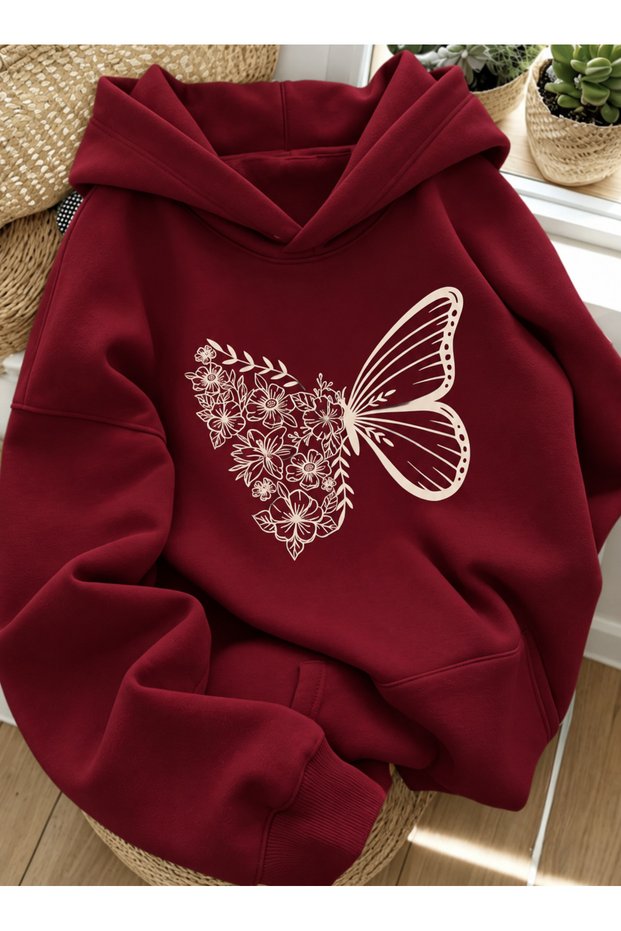 Unisex Men/Women Floral Butterfly Colorful Custom Printed Cotton Oversize Hooded Sweatshirt