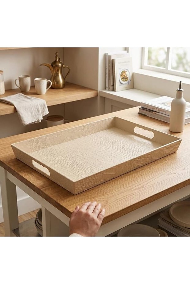 تيبسي صينية تقديم مستطيلة بلاستيكية بتصميم جلدي أنيق مع مقابض جانبية (بني)