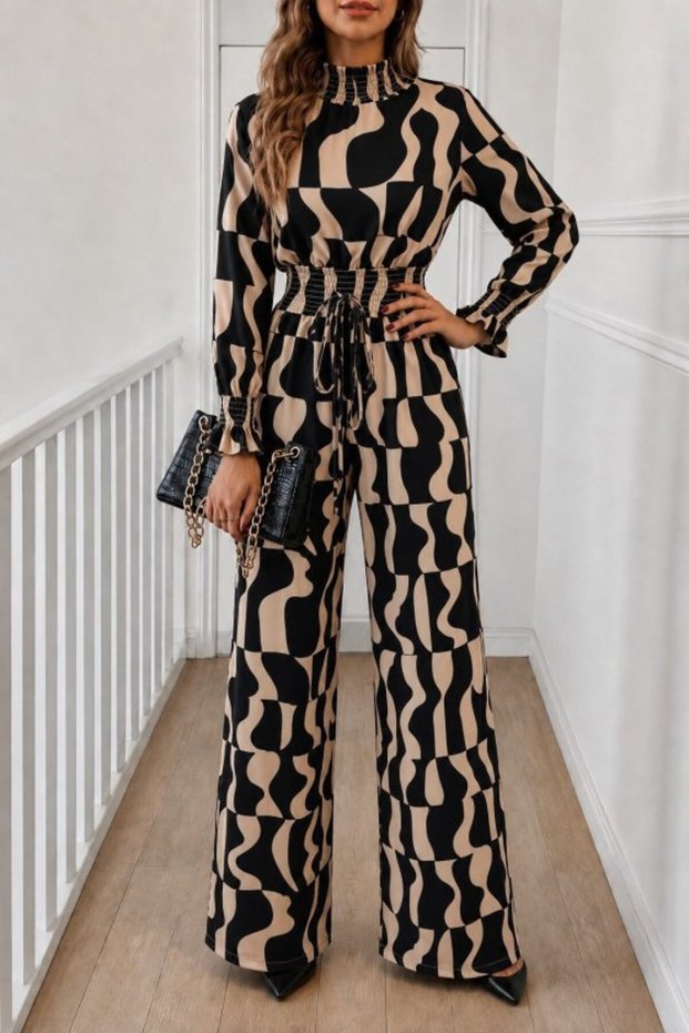 Women's long sleeve turtleneck leopard print tie waist long patterned jumpsuit