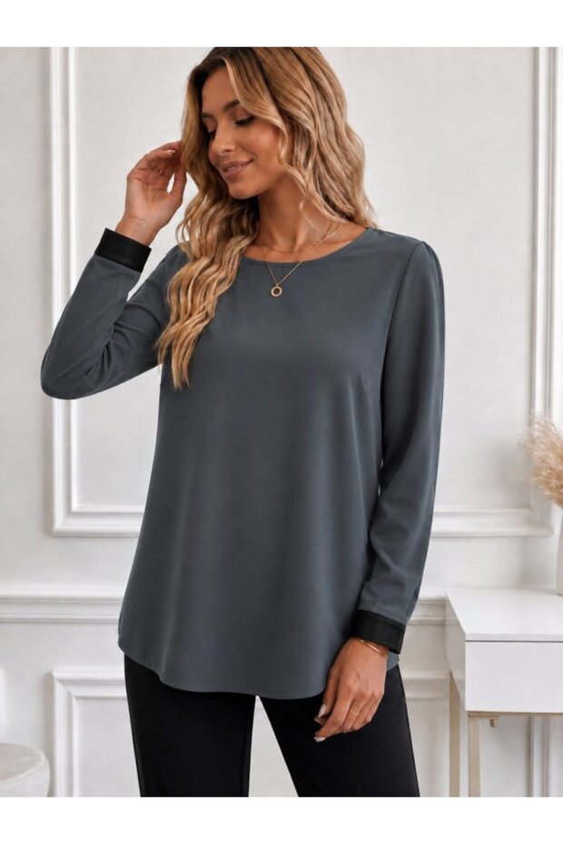 Women's Long Sleeve Crew Neck Imported Crepe Blouse with Leather Detail on the Sleeves