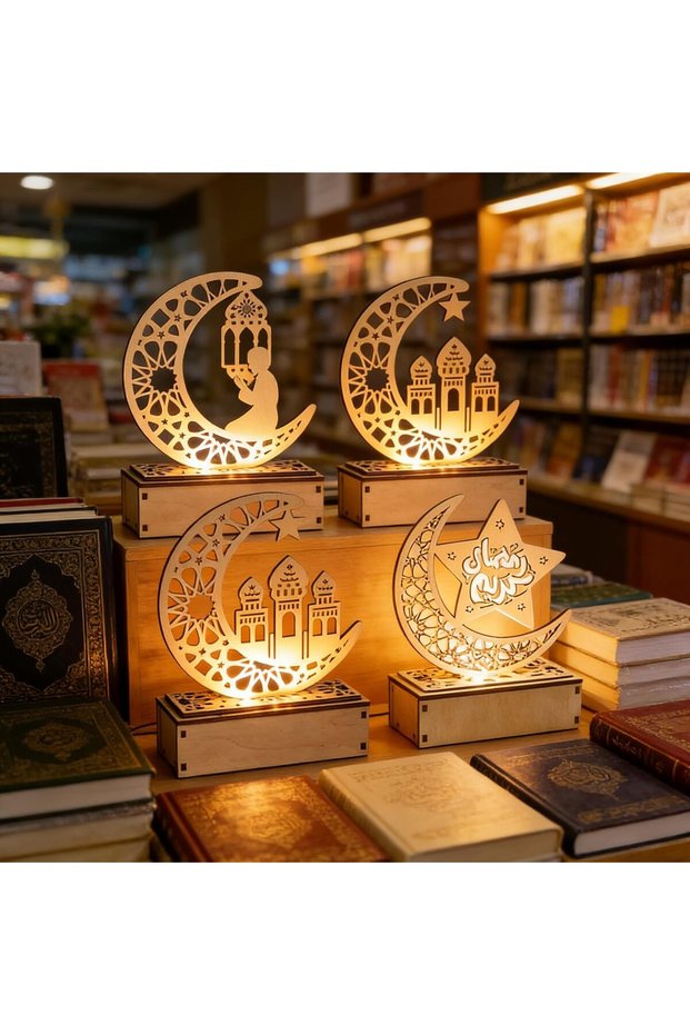 زينة رمضان، إضاءة LED على شكل هلال لعيد مبارك، مصباح ليلي خشبي مجوف