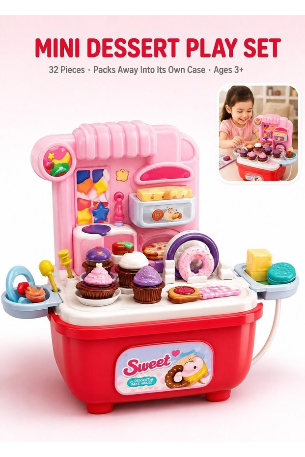 32 Piece Mini Dessert Bakery Playset for Kids, Pretend Cupcake, Donut and Ice Cream Toy Set with Display Stand and Carry Case, Ages 3+