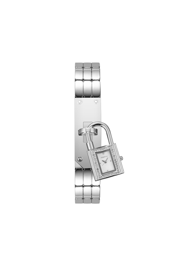 WHITE Concave shaped lock head bracelet watch for women, creative diamond inlaid pendant lock watch
