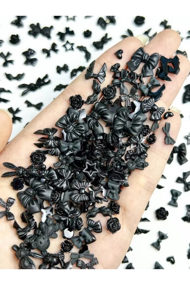 Black 30pcs Sweet Cool Style Black Series Mixed Nail Charms Dark Rose Bowknot Star Hot Items Pack fo