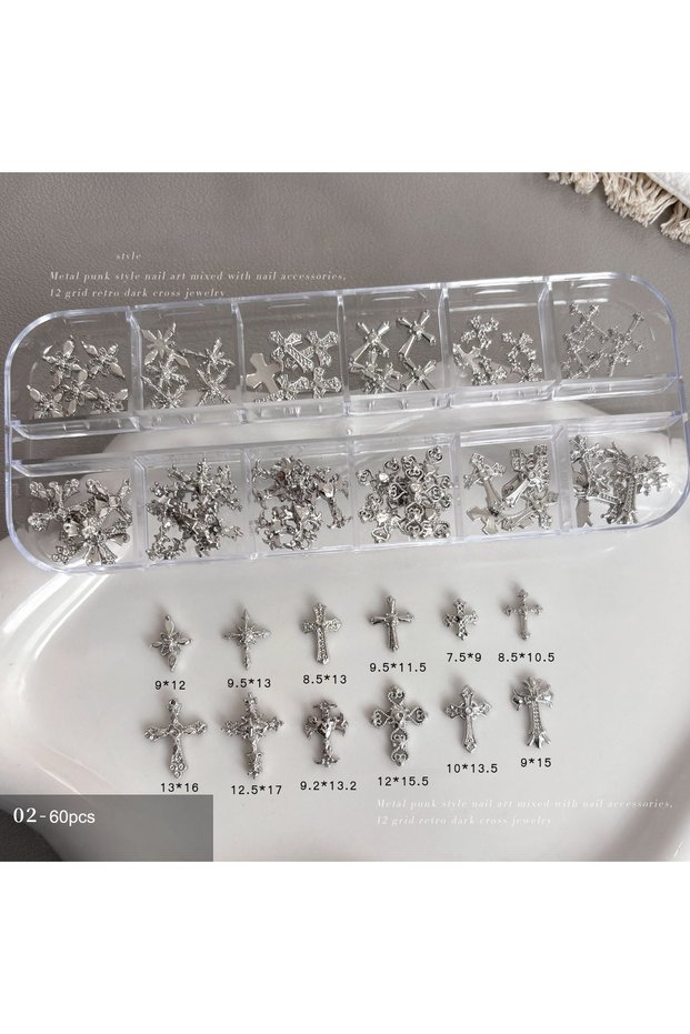 02-silver 12 Grids/60pcs Goth Punk Nail Charms Studs Dark Vintage Style Cross Nail Art Patch Y2k Pre