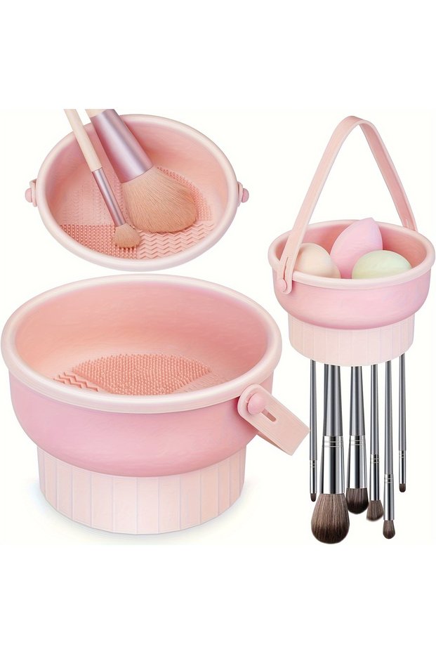 1PC Pink 3-In-1 Silicone Makeup Brush Cleaner Mat & Drying Rack - Cosmetic Brush Cleaning & Air Dry