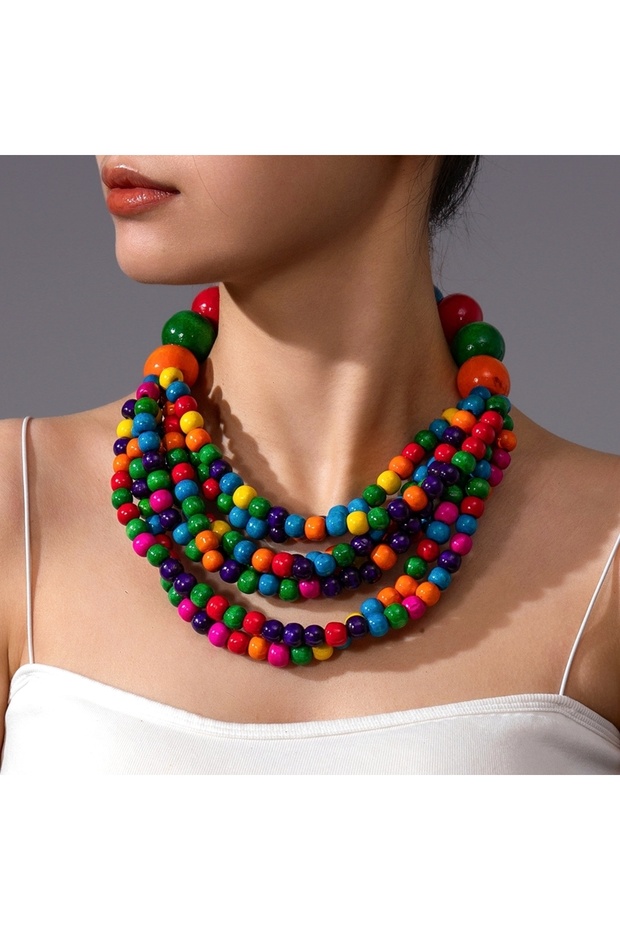 MULTI 2026 Trendy Fashion Large Wooden Bead Handmade Beaded Multi-layer Statement Necklace For Women
