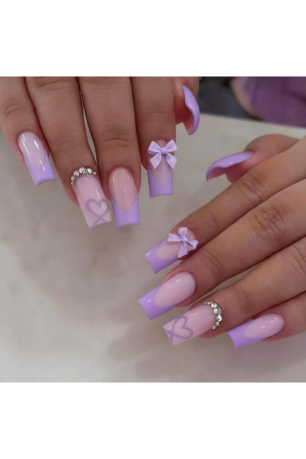 4 24Pcs Red French Tip Press On Nails With 3D Bow Heart Rhinestone Medium Square Fake Nail for Women