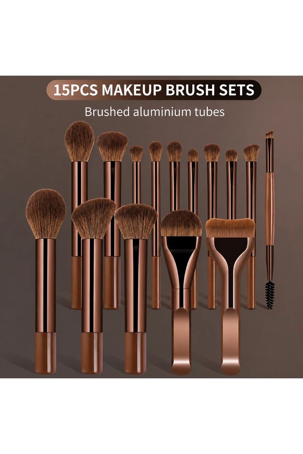 15Pcs Brush Set, Includes 14pcs Makeup Brushes + 1pc Makeup Bag + 2pcs Makeup Sponges, Containing Fo