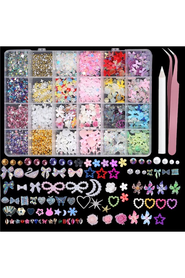 Style B-1Box 24 Grid Nail Charms Kit AB Rhinestones Nail Pearls 3D Flower Nail Jewels Multi Shape Na