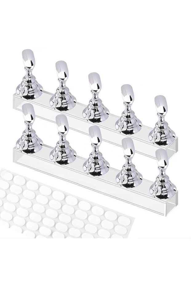 Silver 2 Set Nail Stand with 100 Pcs Double Sided Tape, Press on Nail Stand for Painting, Nail Art D