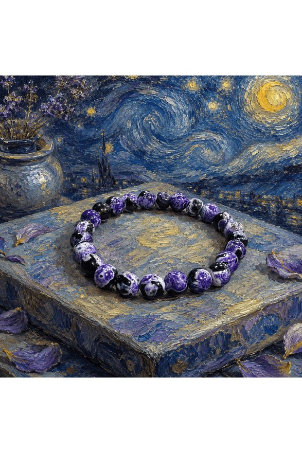 Style A Purple Stone-Patterned Beaded Bracelet; Inspired by Oil Painting, Featuring an Abstract Art