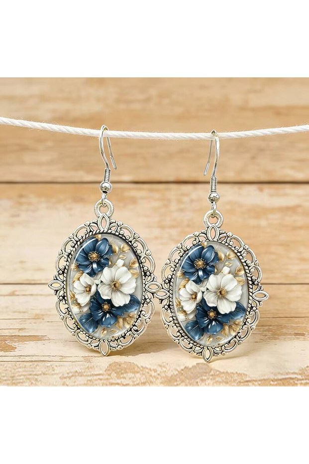 1 Vintage Oval Flower Glass Cabochon Earrings For Women Blue White Floral Drop Earrings Jewelry Gift