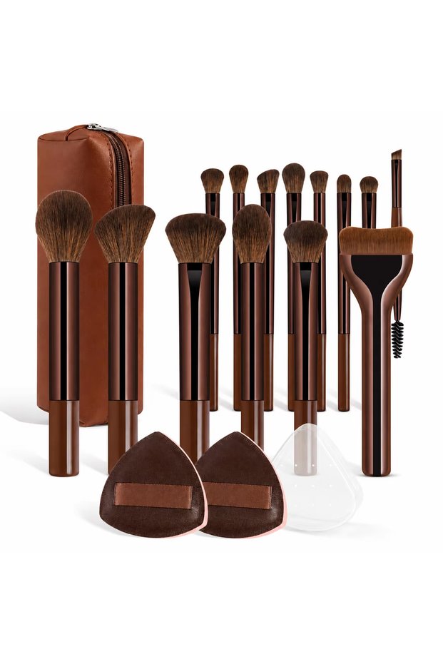 17pcs Brush Set, Includes 14pcs Makeup Brushes + 1pc Makeup Bag + 2pcs Makeup Sponges, Containing Fo