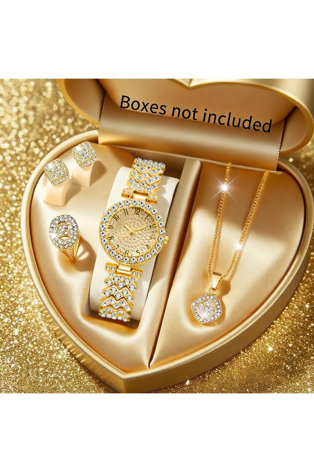 Gold Set No Box 5PCS Luxury Rhinestone Women's Quartz Watch Rhinestone Jewelry Set Elegant Ladies B