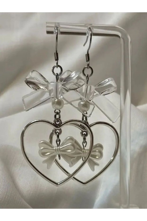 White Trendy Y2K Heart Bow Pendant Earrings Personalized Creative Jewelry for Daily Wear