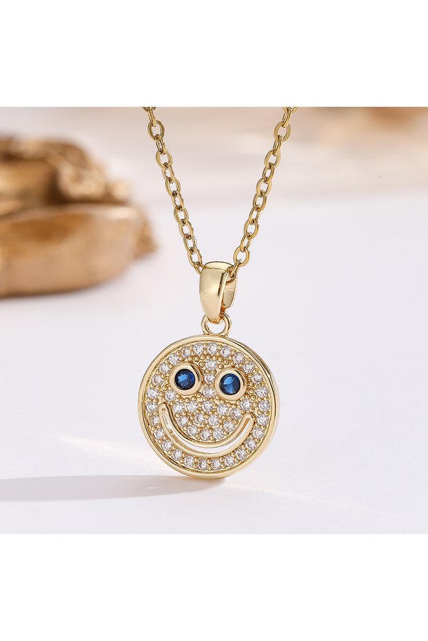 45cm TT-00589-1-04-P Round Smiley Face Pendant Necklace, Inlaid With Zircon, Fashionable And Simple,