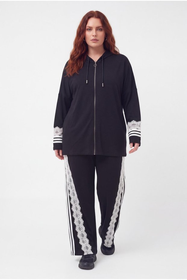 Women's Plus Size Lace Stripe Detailed Hooded Black Tracksuit Set