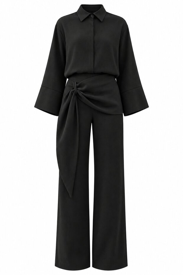 Black Waist Detailed Pants Shirt Set - 2Y8862