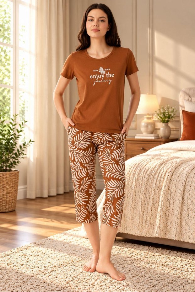 Women's Cotton Modal Thin Summer Crew Neck Printed Regular Fit Short Sleeve Capri Set