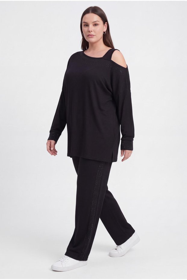 Women's Plus Size Single Shoulder Strap Black Tracksuit Set with Stone Detail