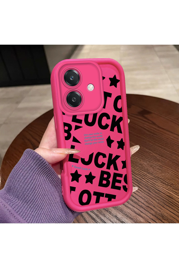 Oppo A3/A3X 4G/5G Compatible Good Luck Written Star and Letter Pattern Fuchsia Pink Silicone Phone Case Impact Protection