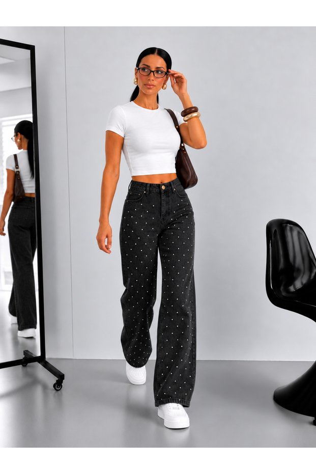 Women's Stone Detailed High Waist Wide Leg Black Jean Trousersn