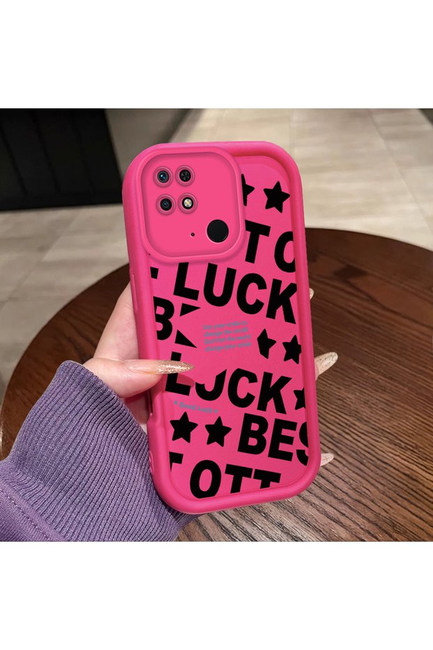 Redmi 10C Compatible Good Luck Written Star and Letter Pattern Fuchsia Pink Silicone Phone Case Impact Protection