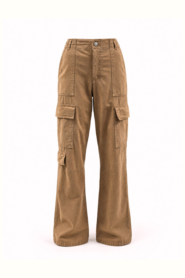 Elastic Waist Brown Cargo Pocket Trousers